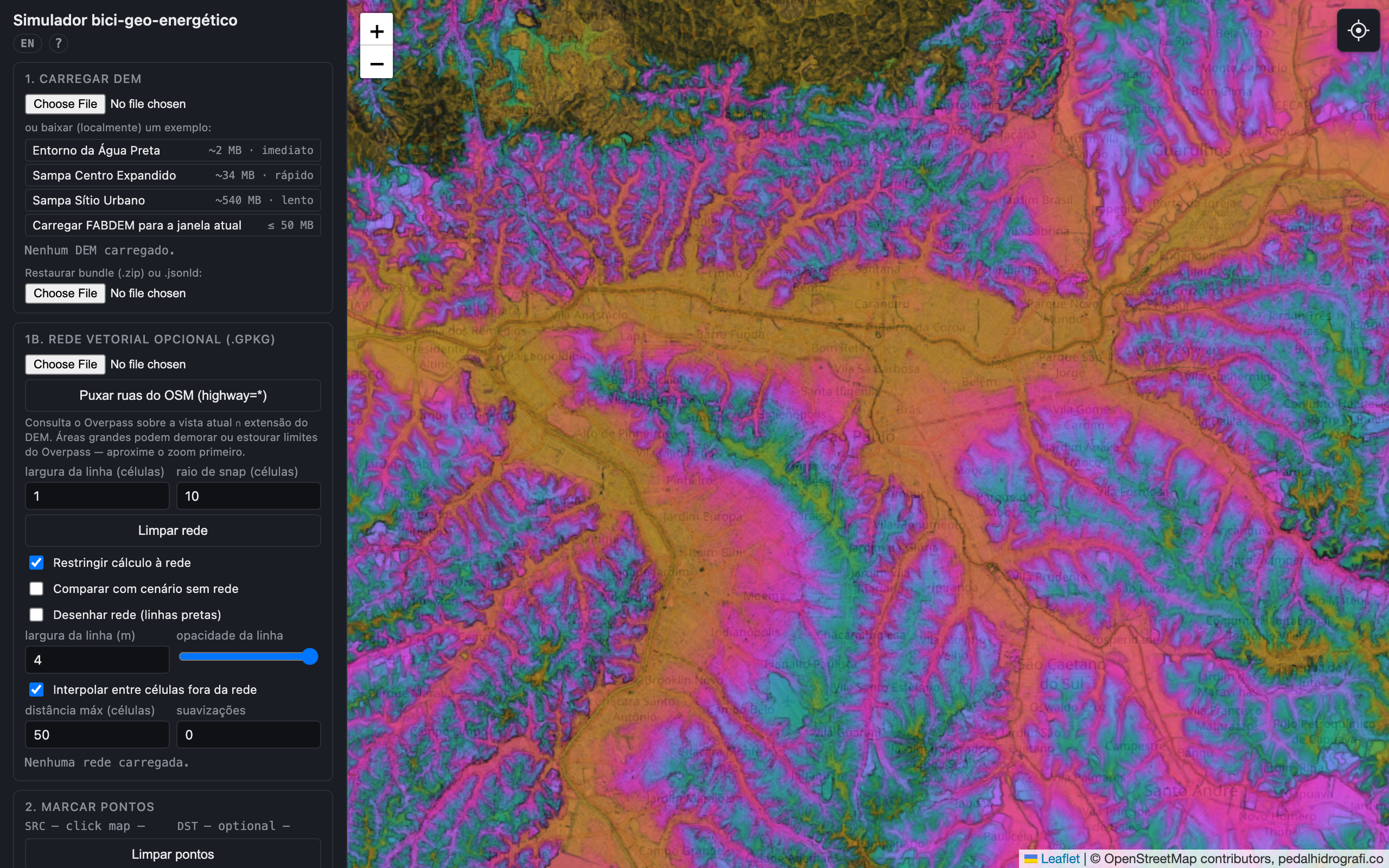 Screenshot of the Simujaules bicycle geo-energetic simulator over terrain